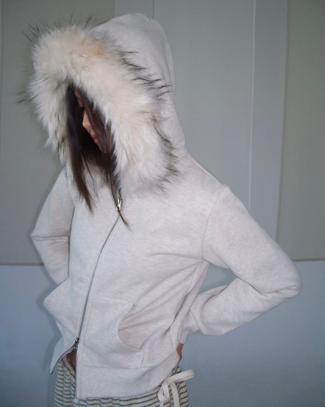 JK043 Trimmed Zip-up Jacket - Ivory | Gray