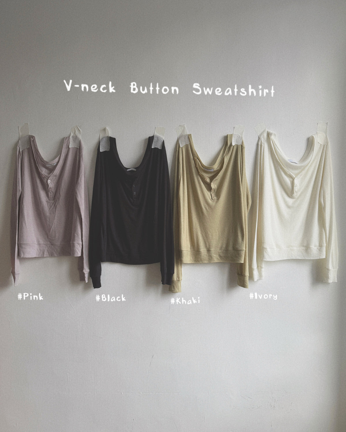 TP616 V-neck Button Sweatshirt - Black | White | Khaki | Pink
