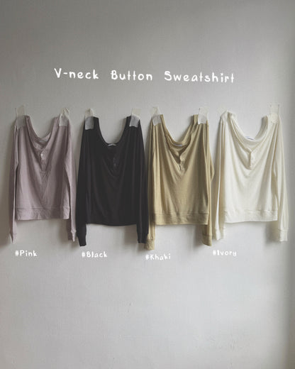 TP616 V-neck Button Sweatshirt - Black | White | Khaki | Pink