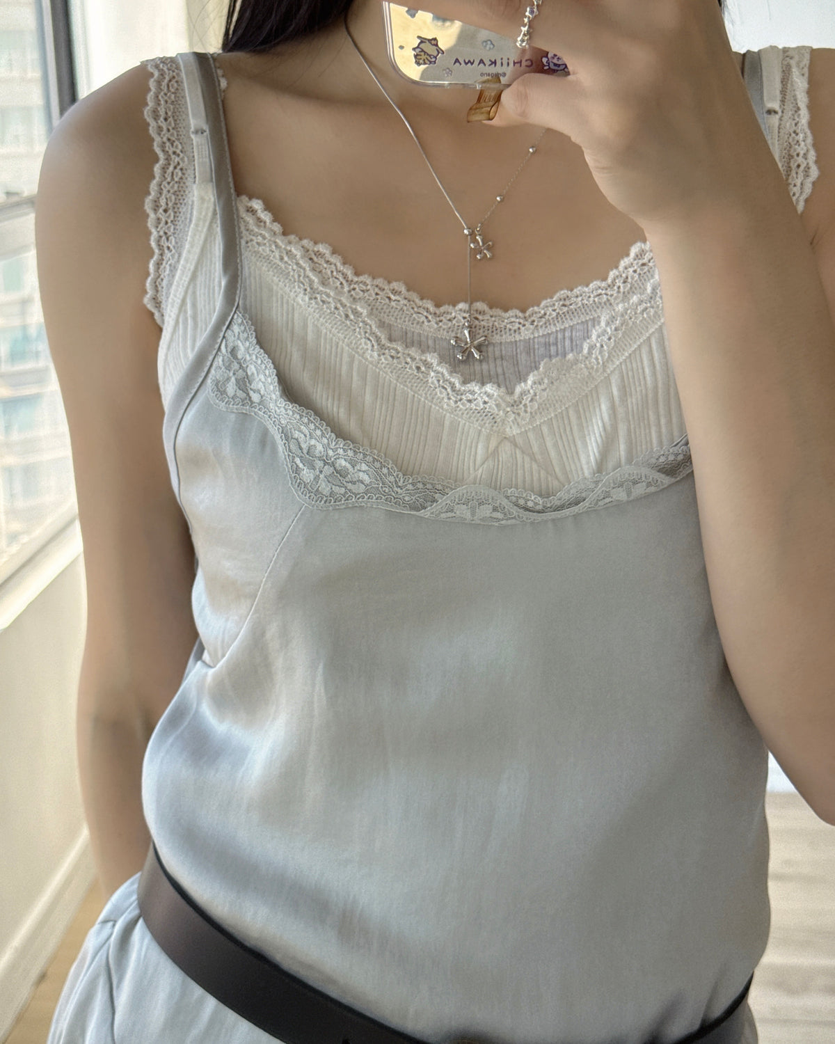 DS297 Asymmetrical Satin Lace OPS - Light Mint | Ivory