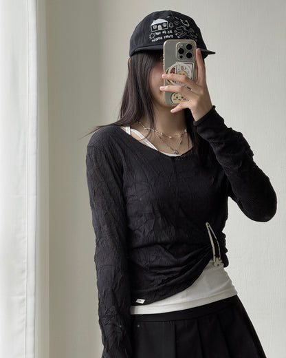 TP608 V-Neck Wrinkles Top - Ivory | Gray | Black