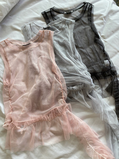 VT242 Ruffle Sheer Vest - Pink | Gray | Black