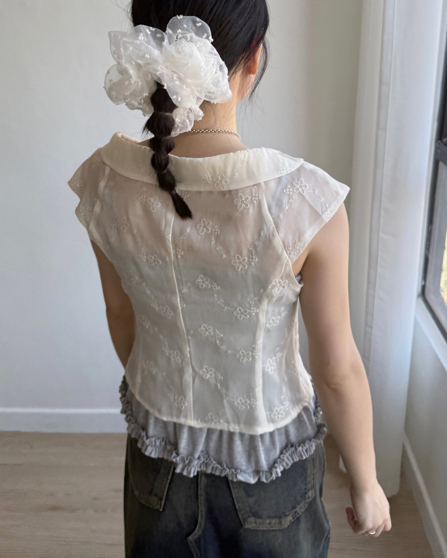 TP534 Floral Embroidered Blouse - Ivory | Black