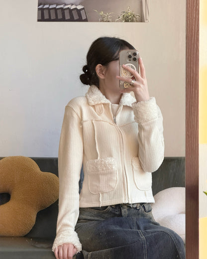 TP565 Fur Zip-up Top - Ivory | Charcoal