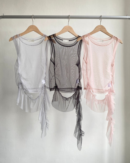 VT242 Ruffle Sheer Vest - Pink | Gray | Black