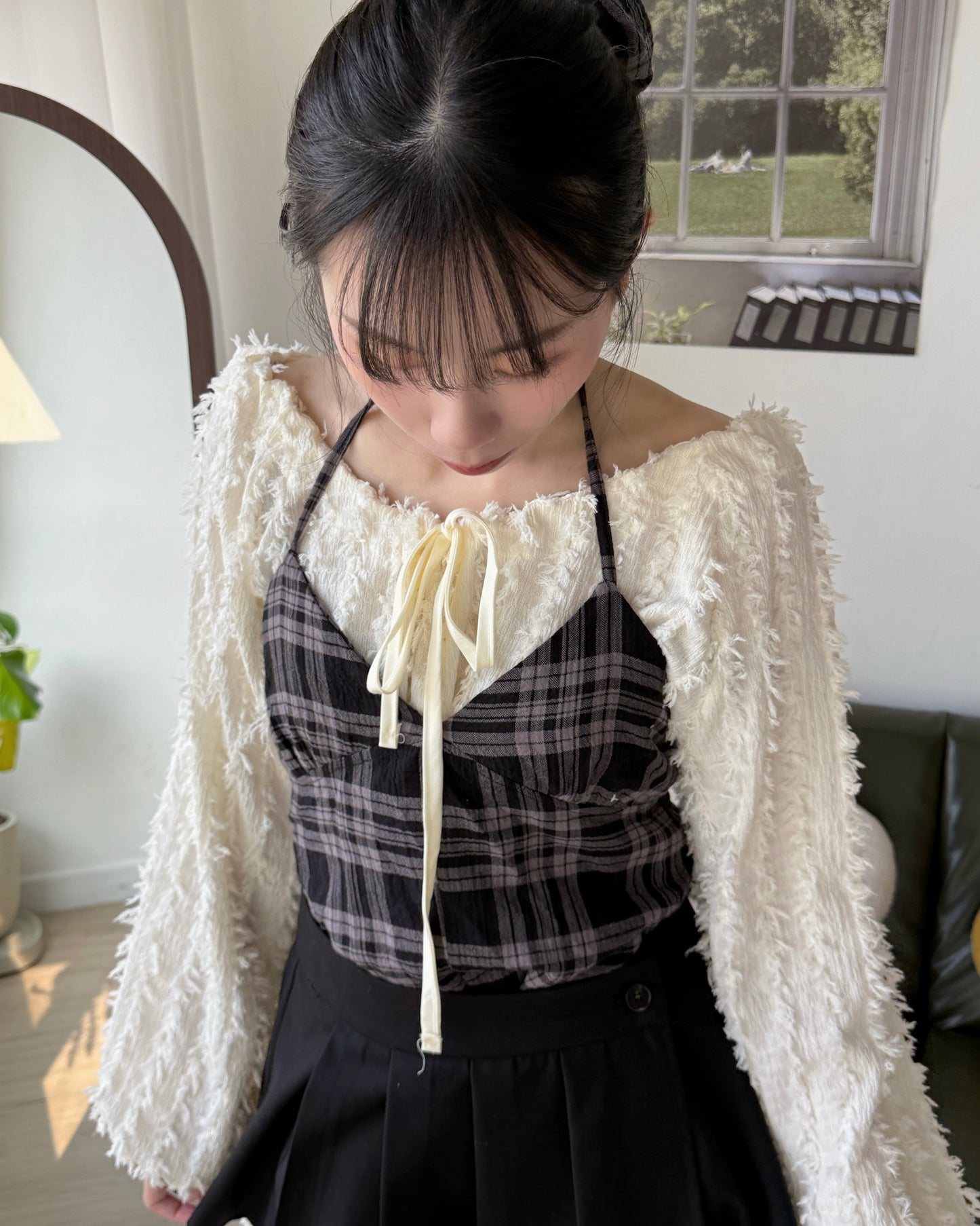 VT279 Check Scrunchie Blouse - Navy | Black