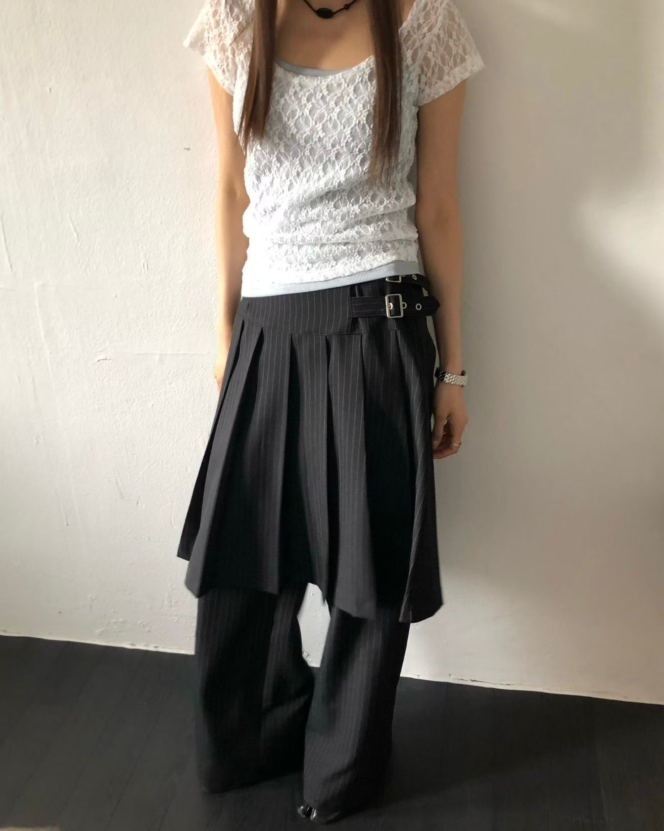 PT082 Buckle Skirt Pants - Black | Stripes