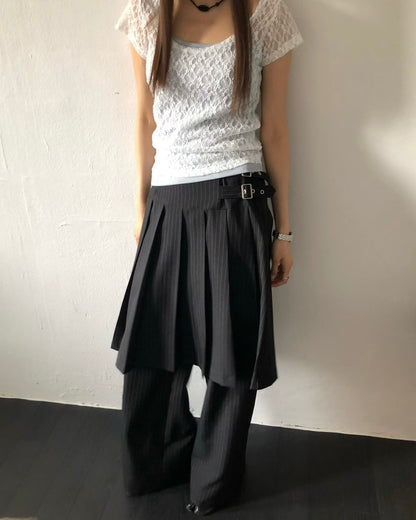 PT082 Buckle Skirt Pants - Black | Stripes