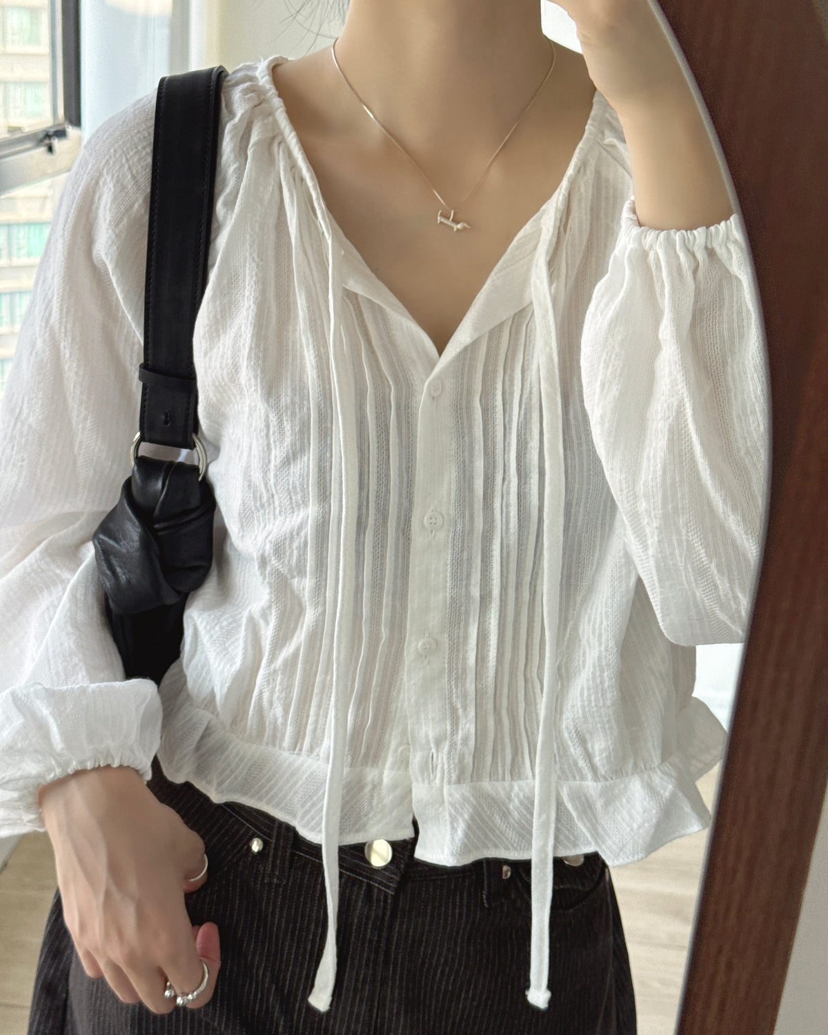 TP620 Pintuck Tie Blouse - Black | White