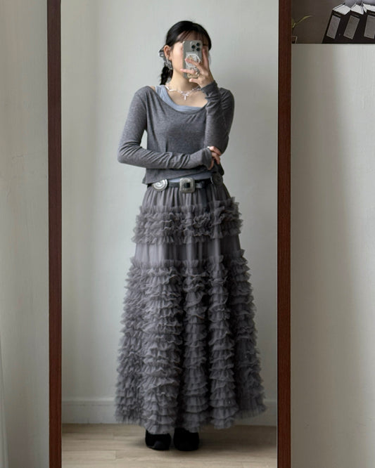 SK213 Ruffle Cancan Skirt - Ivory | Gray