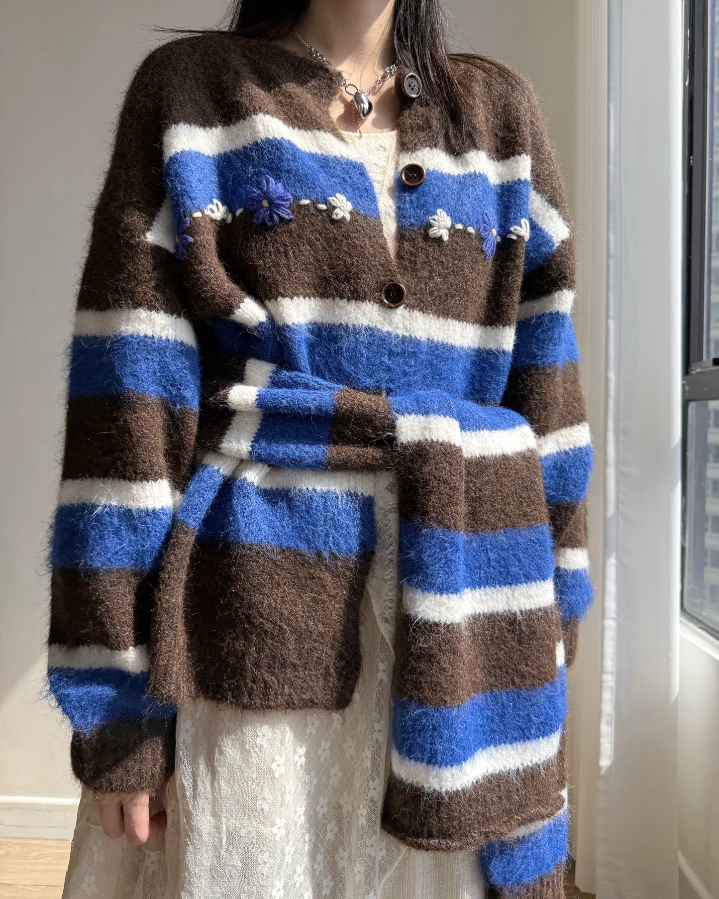 CD054 Floral Muffler Knit - Gray | Brown