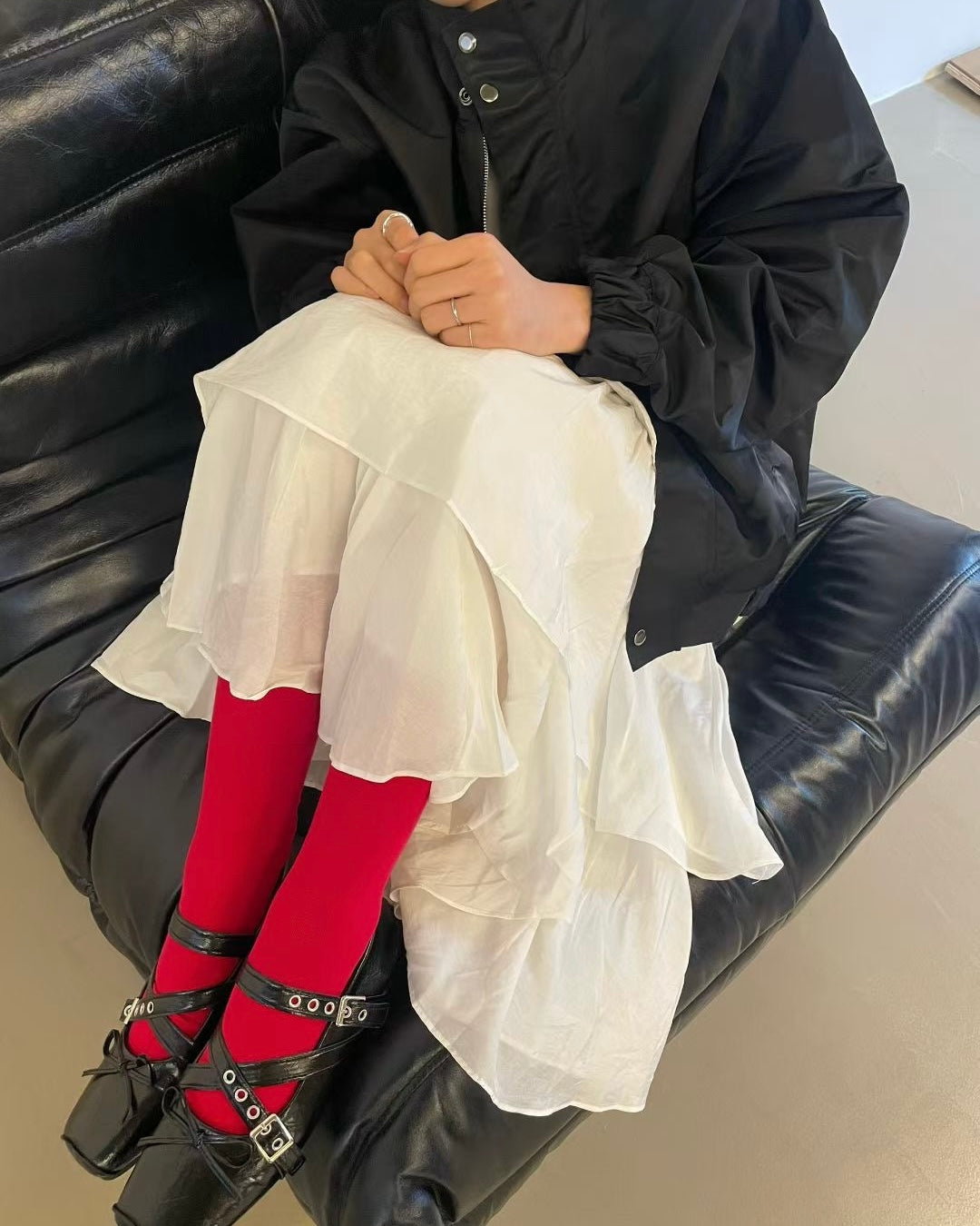 SK218 Ruffle Long Skirt - White | Black