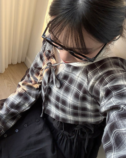 TP563 格仔一字肩短上衣 - Brown | Black