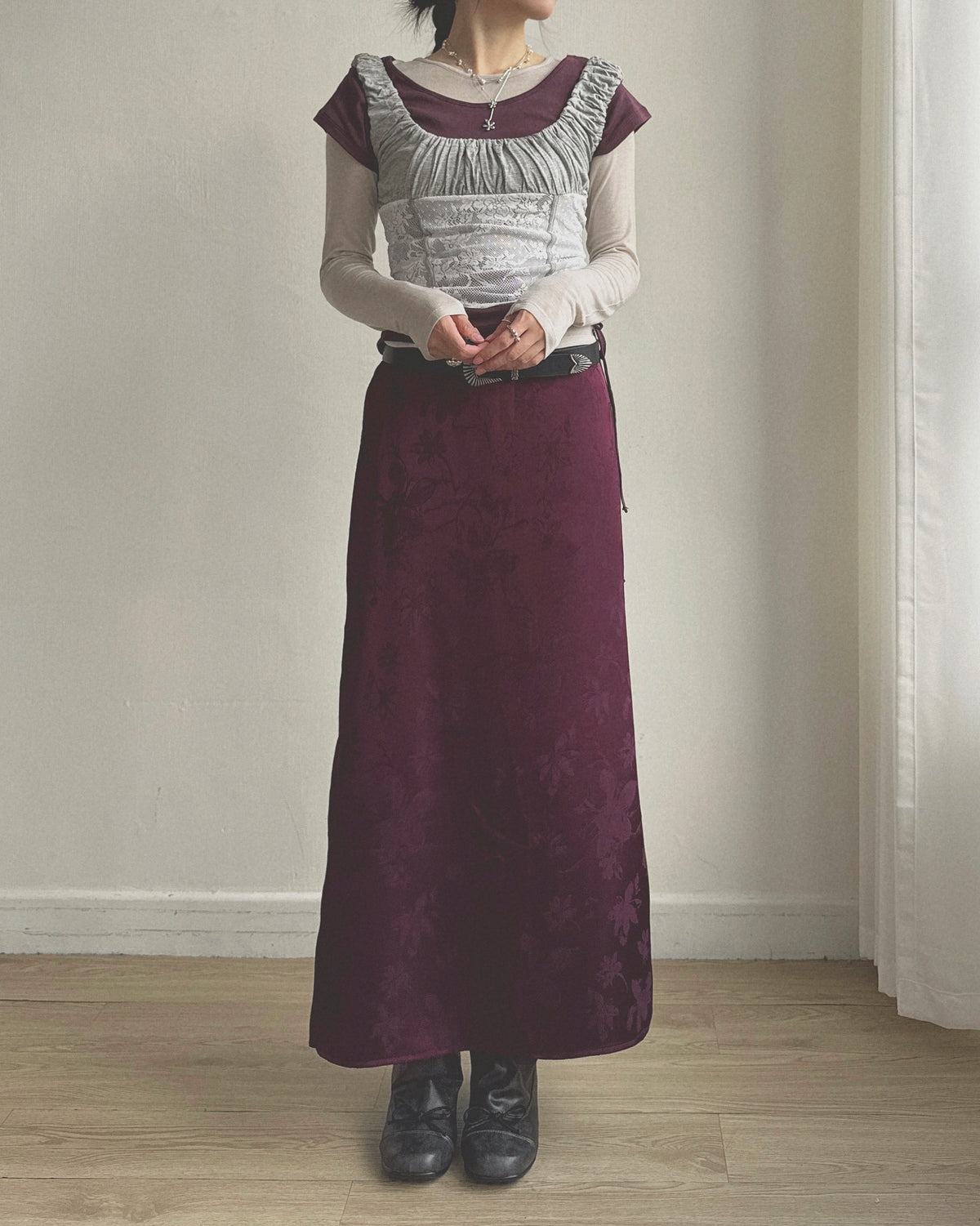 SK229 Floral Jacquard Maxi Skirt - White | Wine | Black