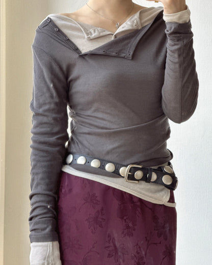 TP622 Ribbed Button Asym Top - Black | Gray | Plum | Charcoal | Mint | Ivory