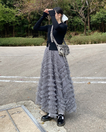 SK182 Bun Frill Skirt - White | Gray | Black