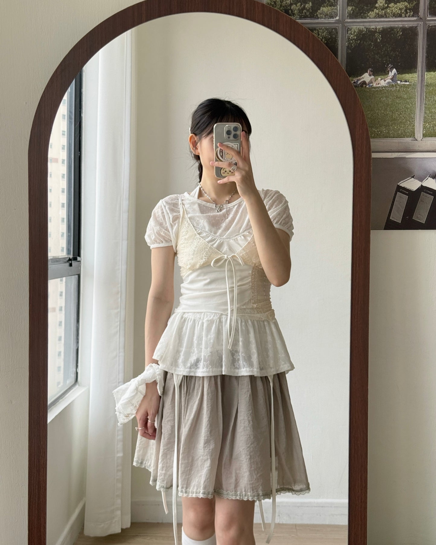 SK223 Porter Frill  Skirt - Beige | White