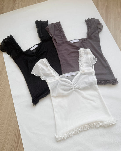 TP529 Ruffle Mesh Top - White | Black | Gray