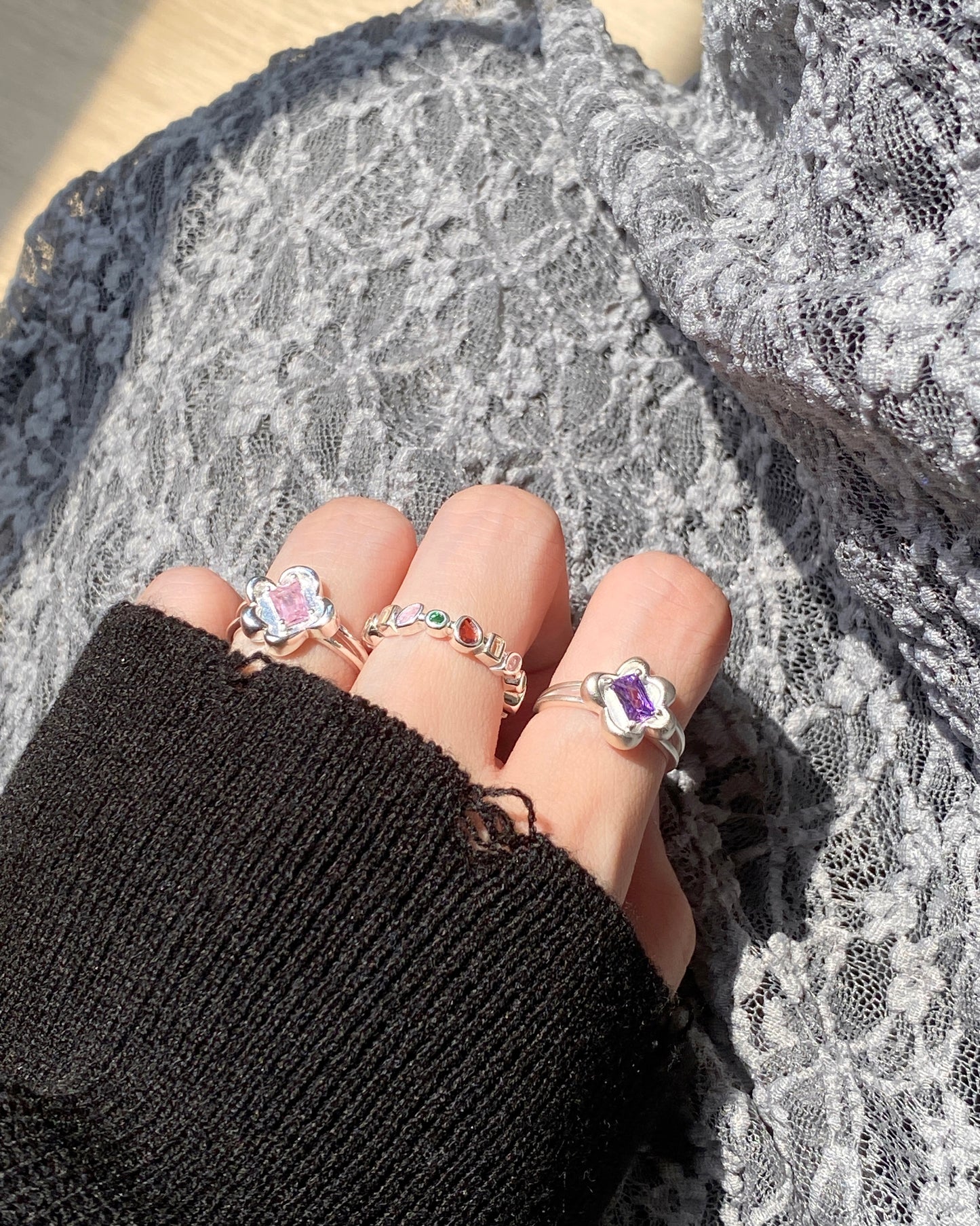 KA297 Silver925 Flower Ring - Pink | Purple