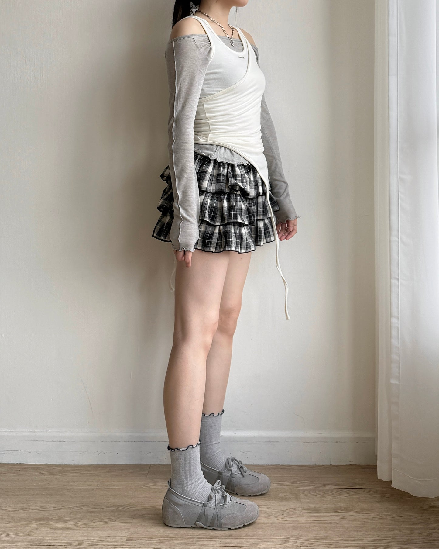 SK201 Checkered Skirt Pants - Khaki | Black