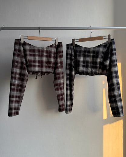 TP563 格仔一字肩短上衣 - Brown | Black