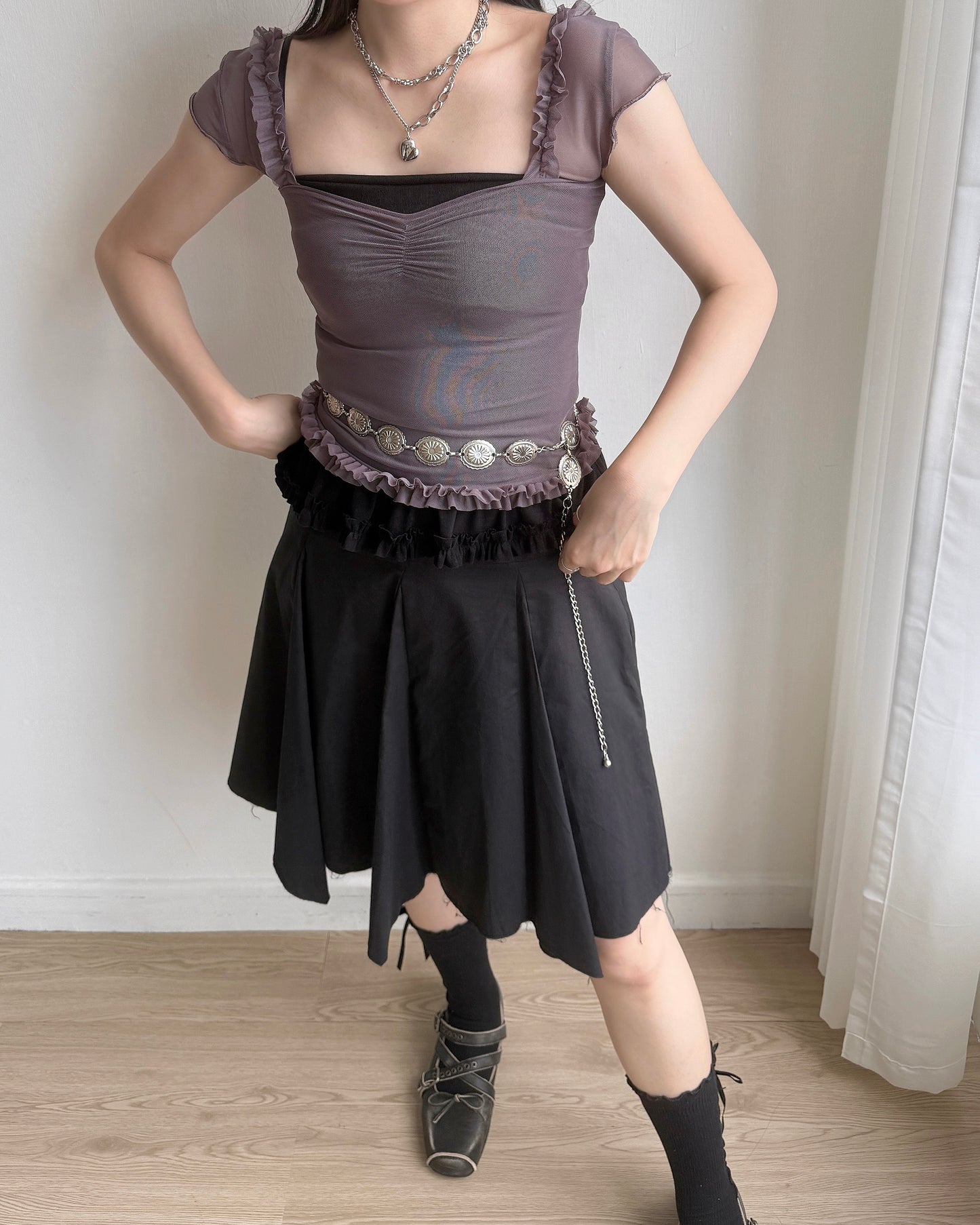 TP529 Ruffle Mesh Top - White | Black | Gray