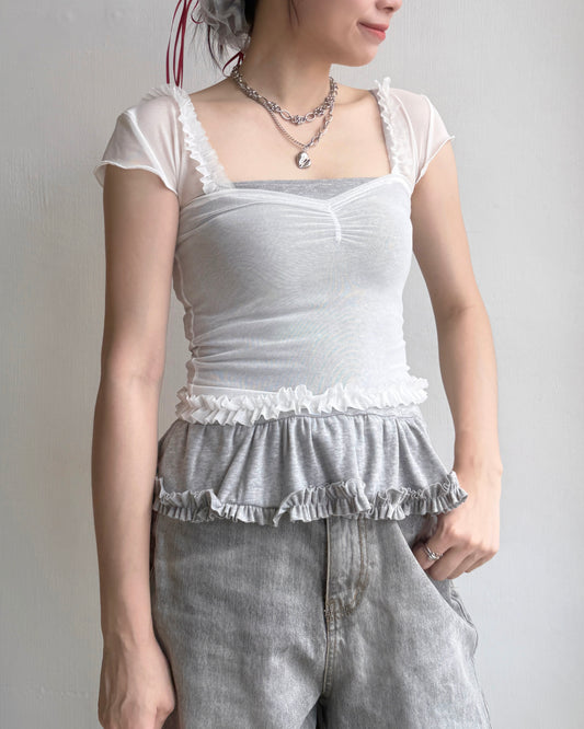TP529 Ruffle Mesh Top - White | Black | Gray