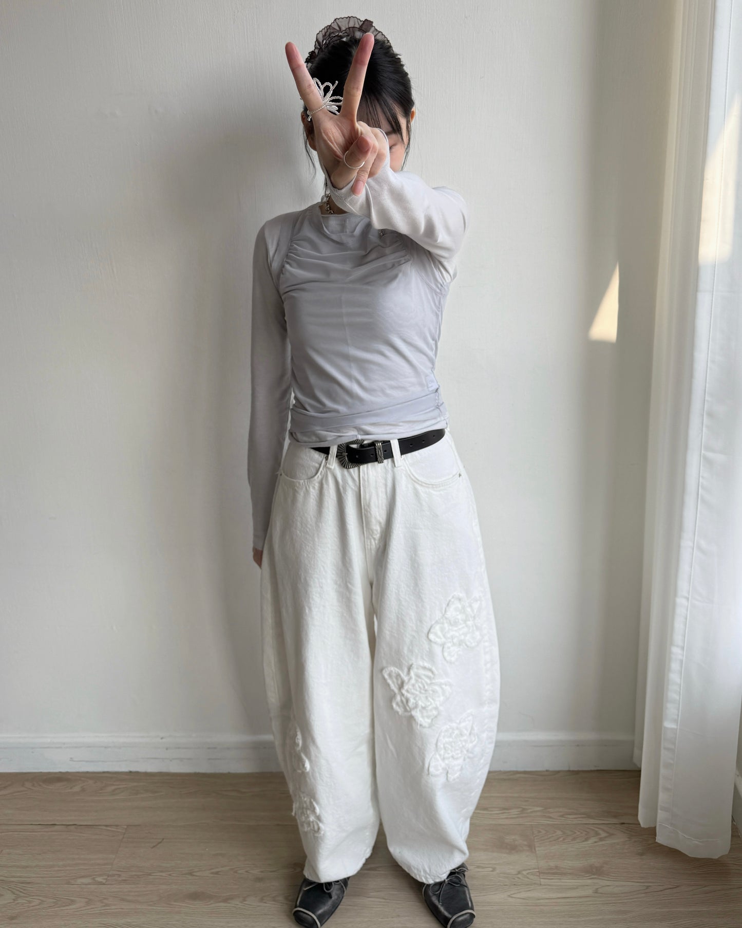 TP577 Mesh Shirring Twinset - White | Gray | Black