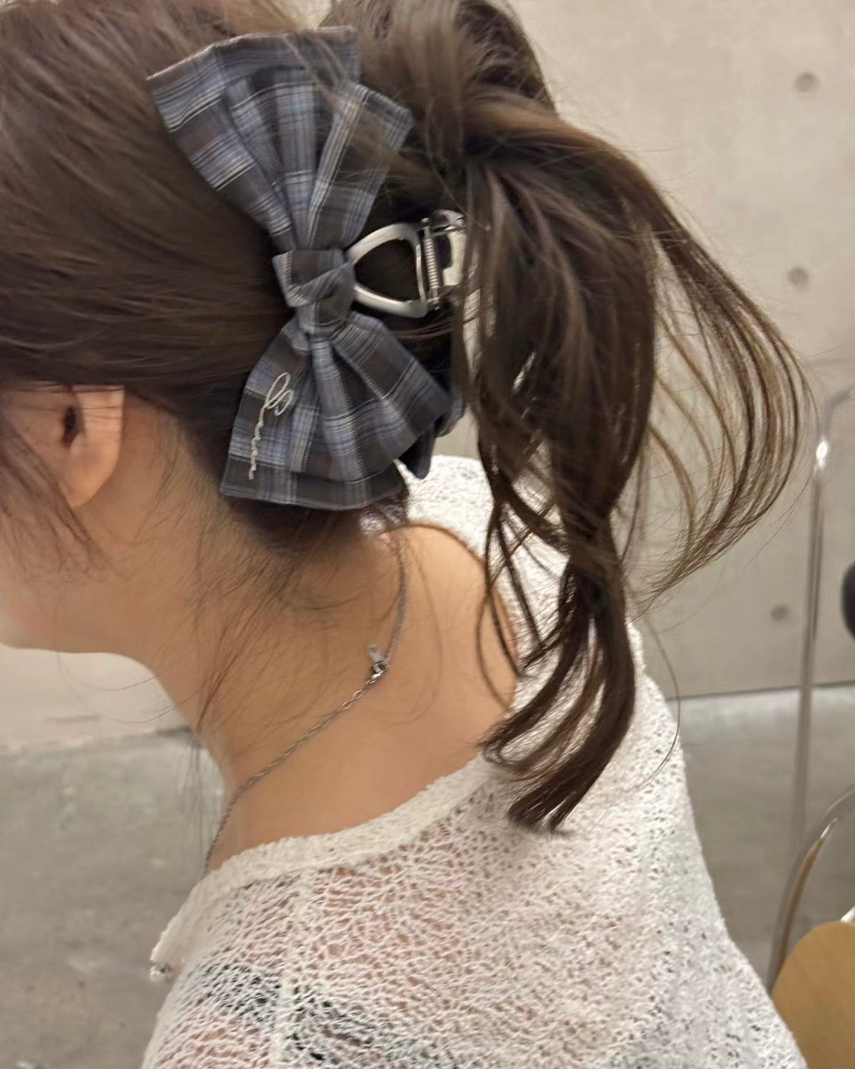 KA435 Check Fabric Bow Claw Clip - Brown | Navy