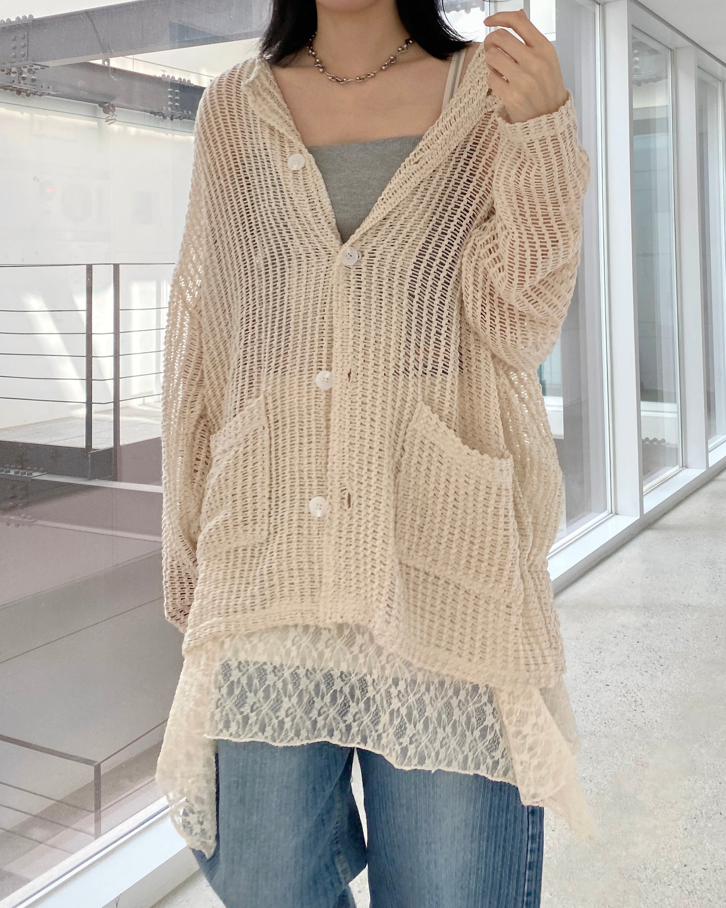 CD052 Meshed Cardigan - Ivory | Black