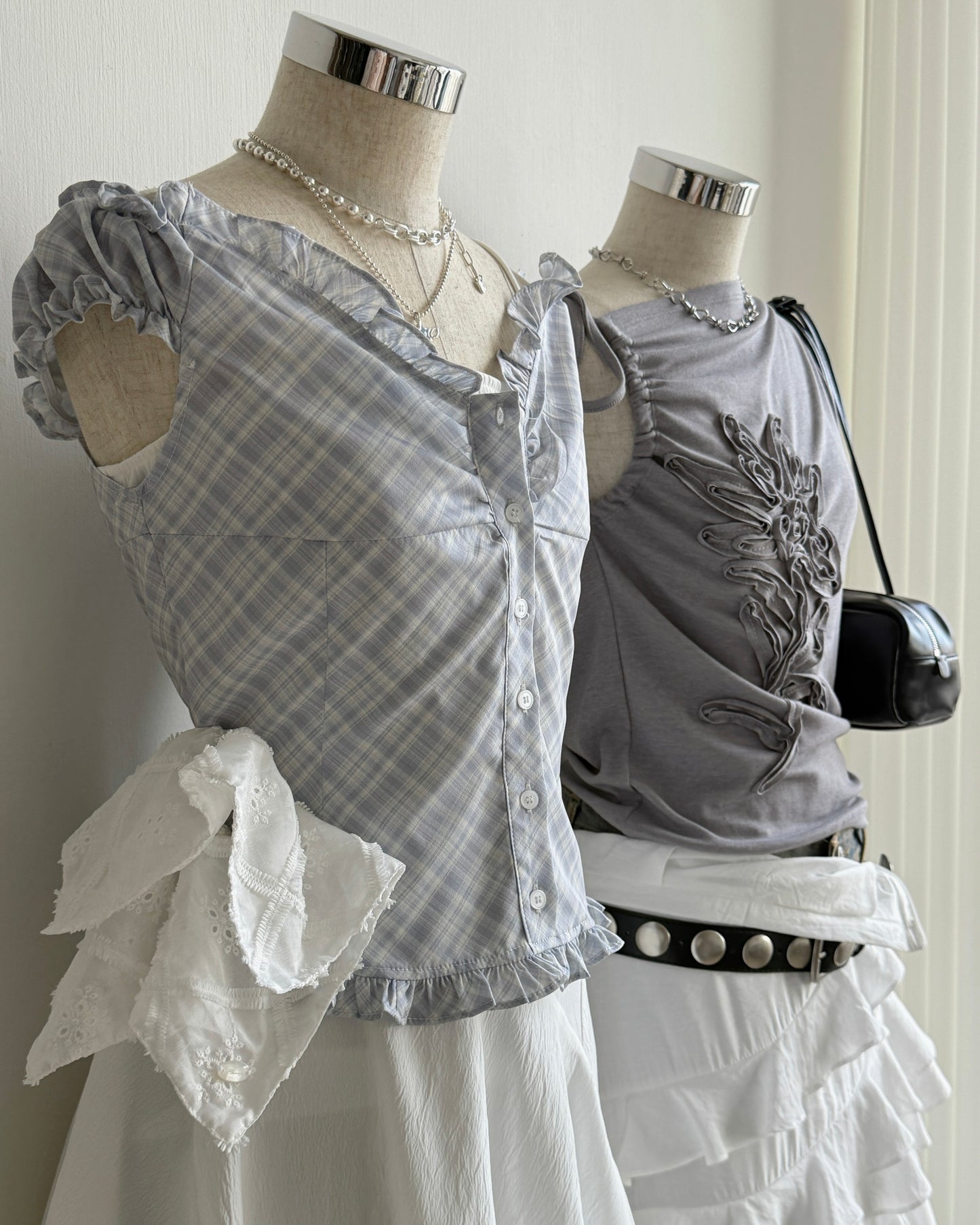 VT291 Checkered  Blouse - Skyblue | Charcoal