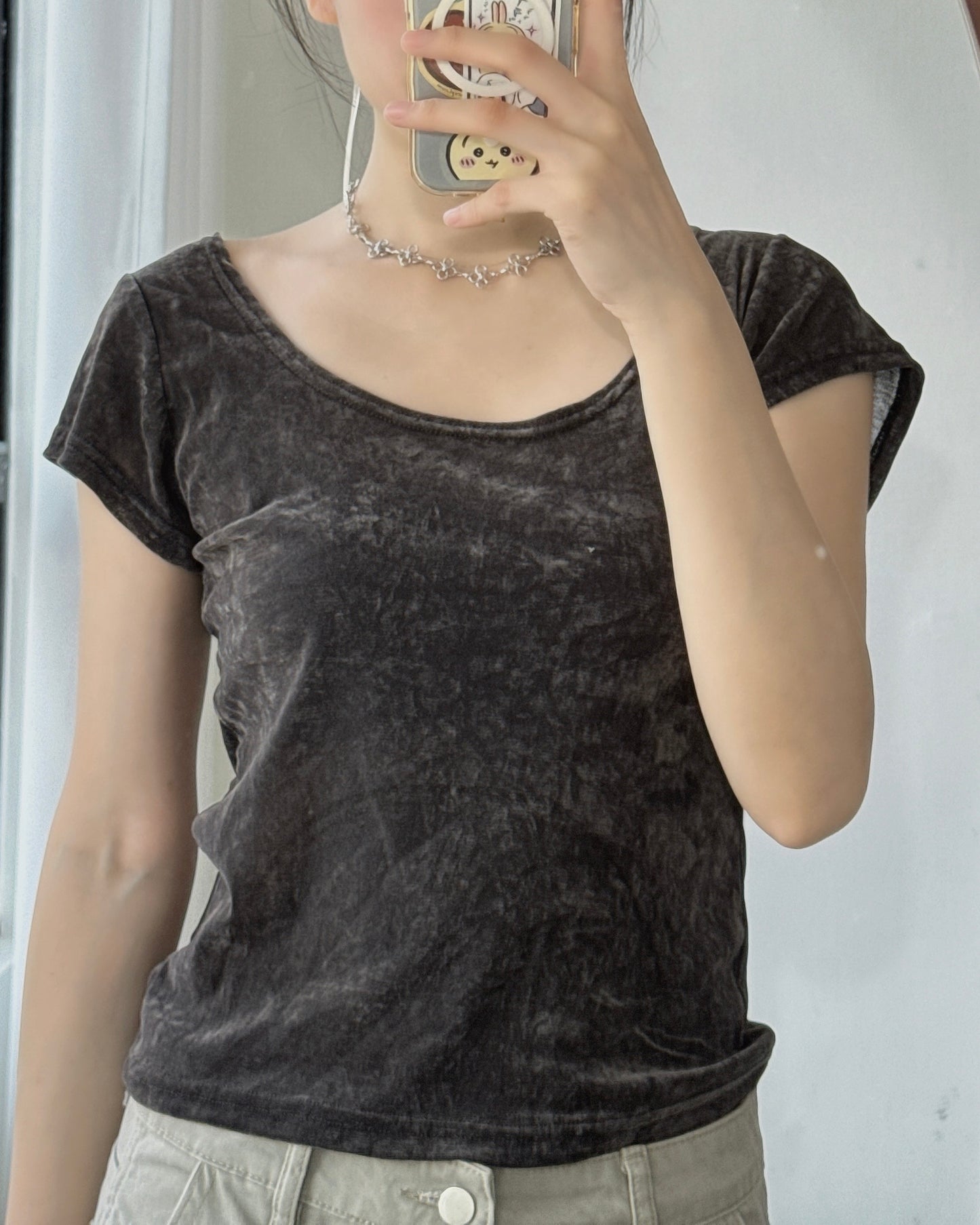 TP607 Velvet 2way TEE - Ivory | Brown | Charcoal