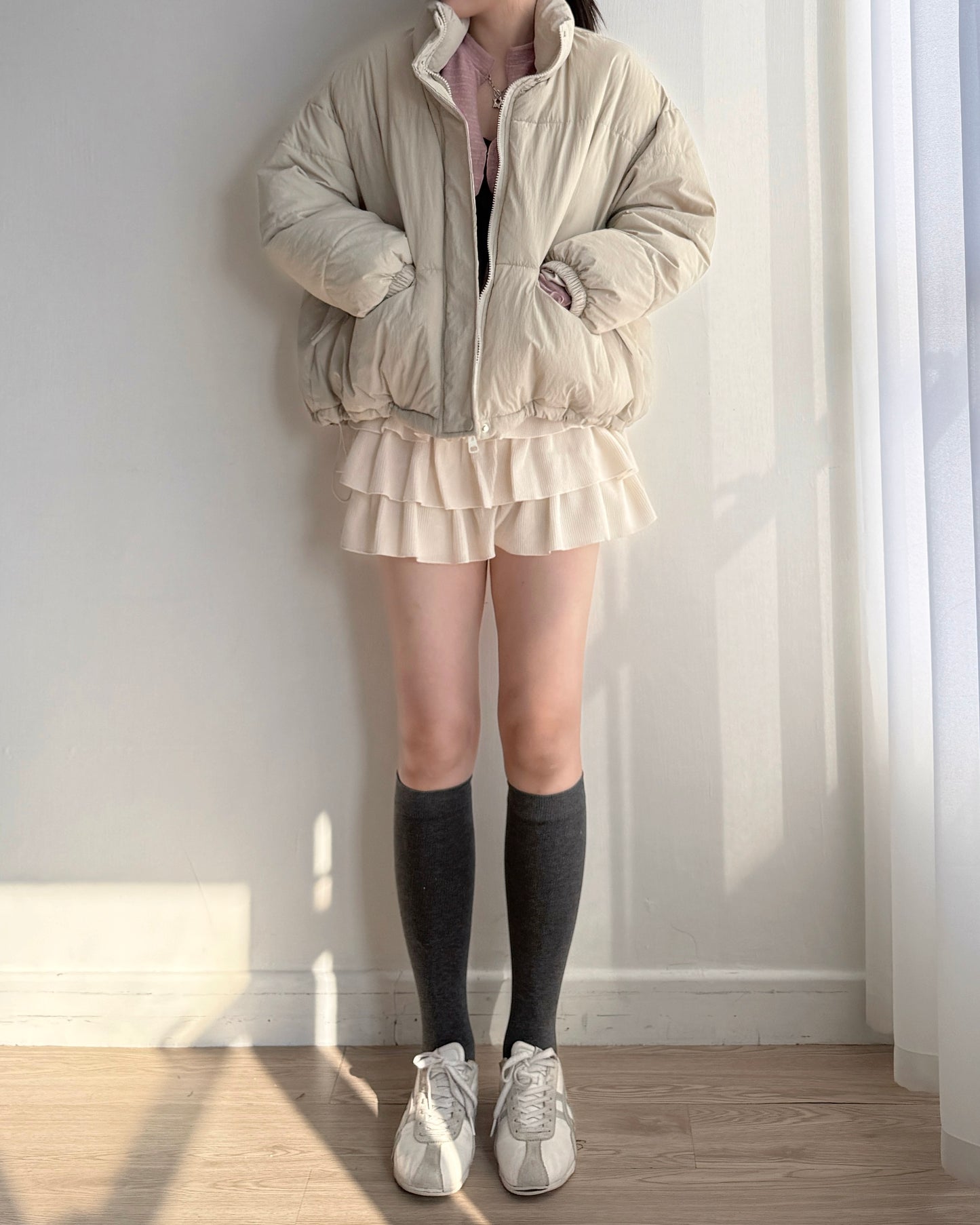 SK208 蛋糕小短裙褲 - Ivory | Grey