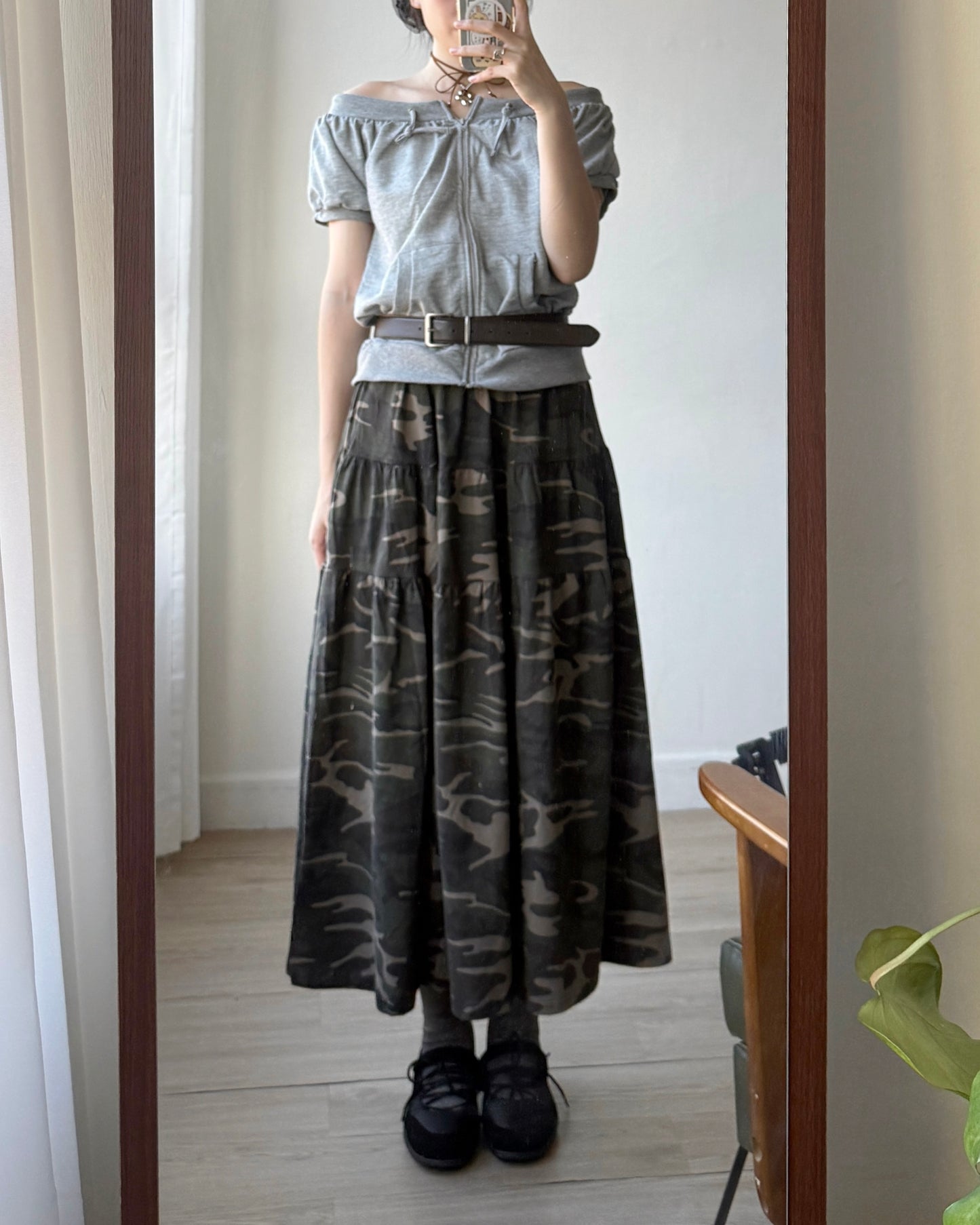 SK199 Camo Long Skirt - Beige | Khaki