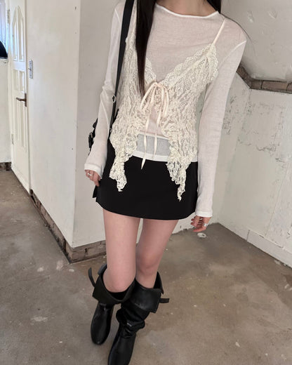 VT281 Lace Frill Vest - Ivory | Gray | Black