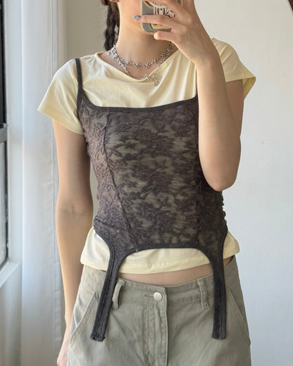 VT316 Lace Crop Top - Black | Charcoal | Ivory