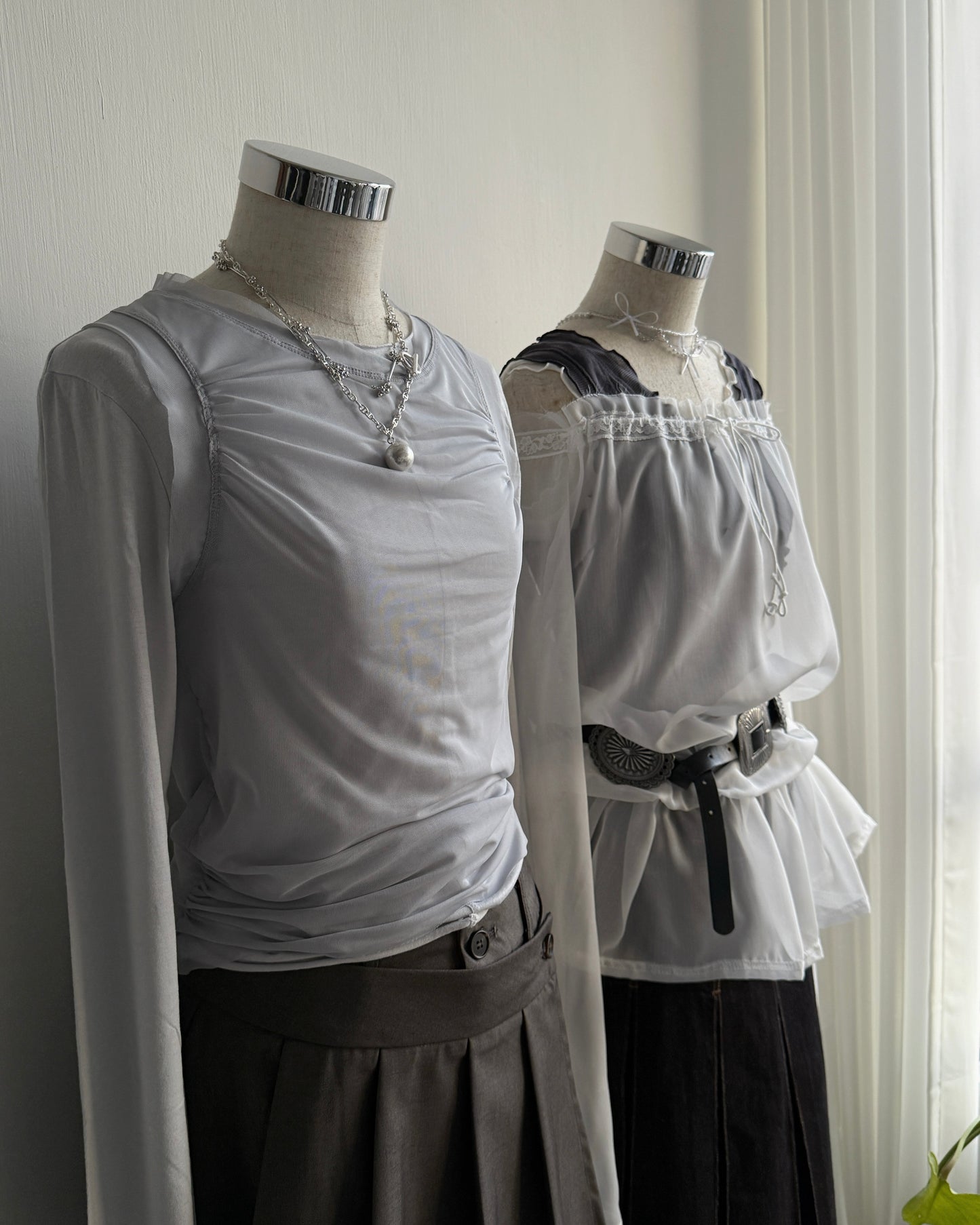 TP577 Mesh Shirring Twinset - White | Gray | Black