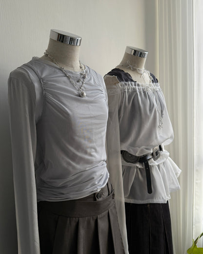 TP577 Mesh Shirring Twinset - White | Gray | Black