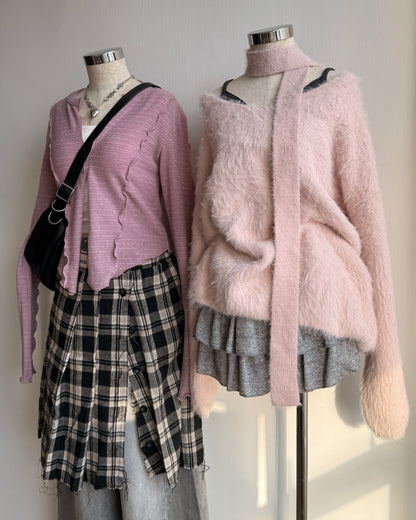 TP566 Fur V-Neck Knit - Pink | White | Brown