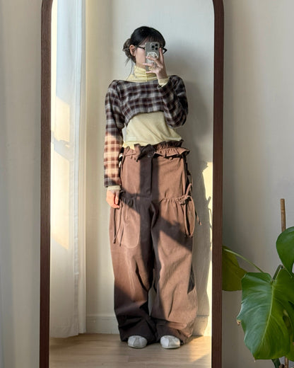 TP563 格仔一字肩短上衣 - Brown | Black