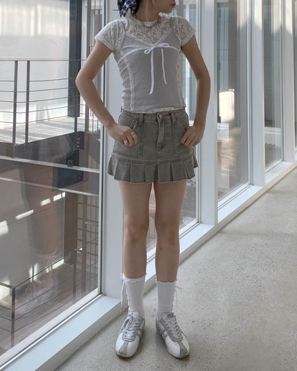 SK186 Pleated Mini Skirt - Beige