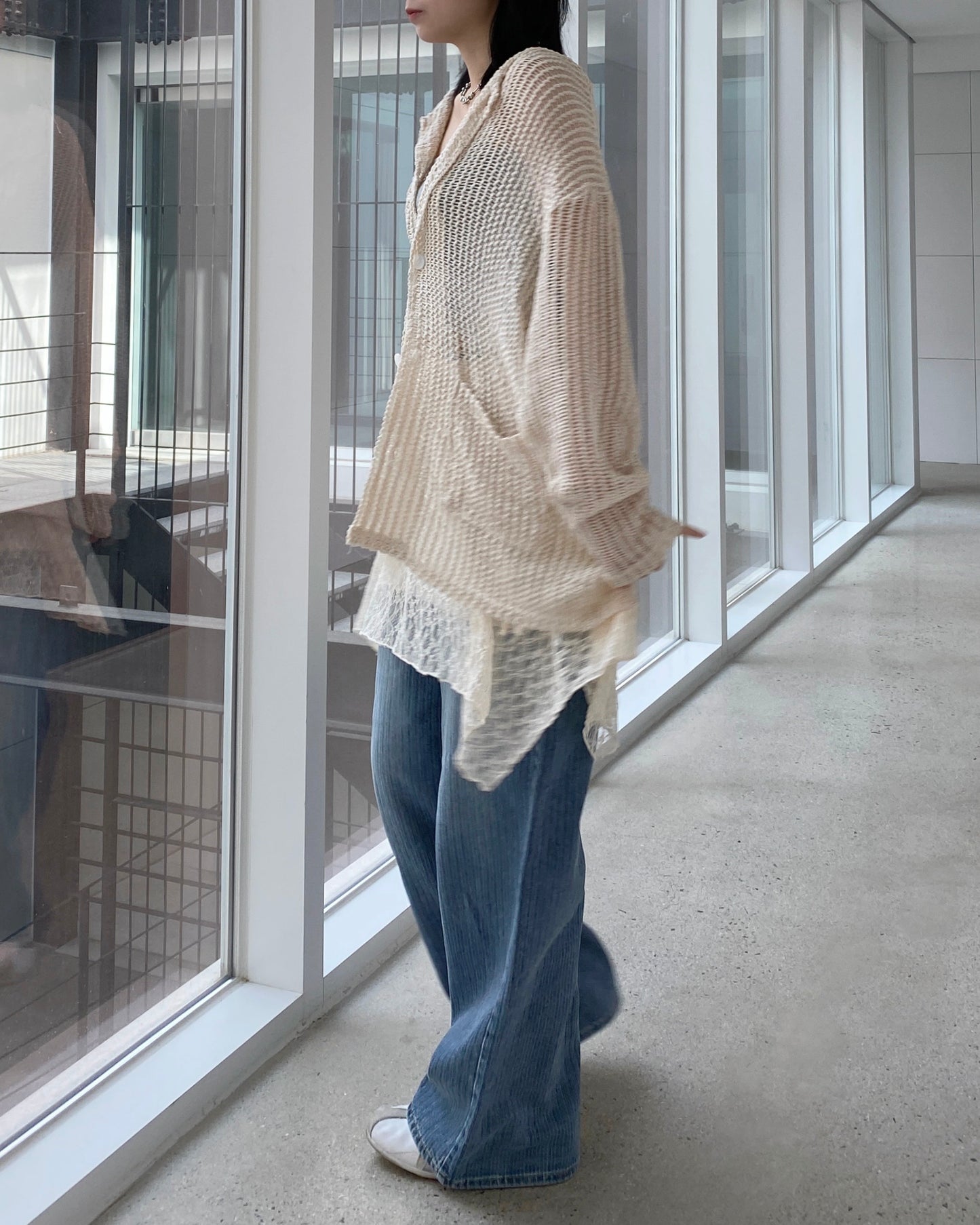 CD052 Meshed Cardigan - Ivory | Black