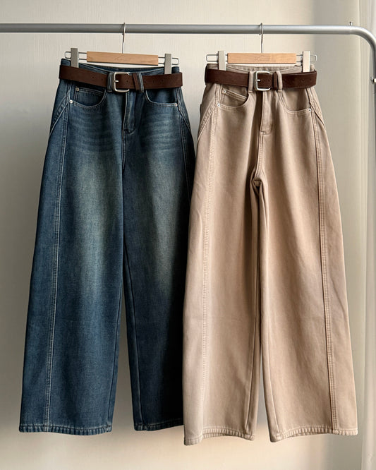 JN062 內有毛毛直筒牛仔褲 - Beige | Blue