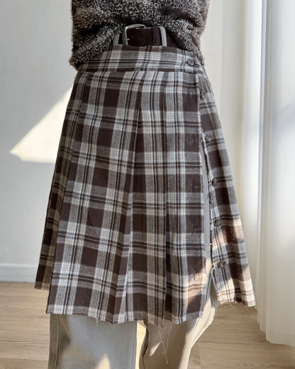 SK207 格子鈕扣2WAY裙子 - Brown | Black