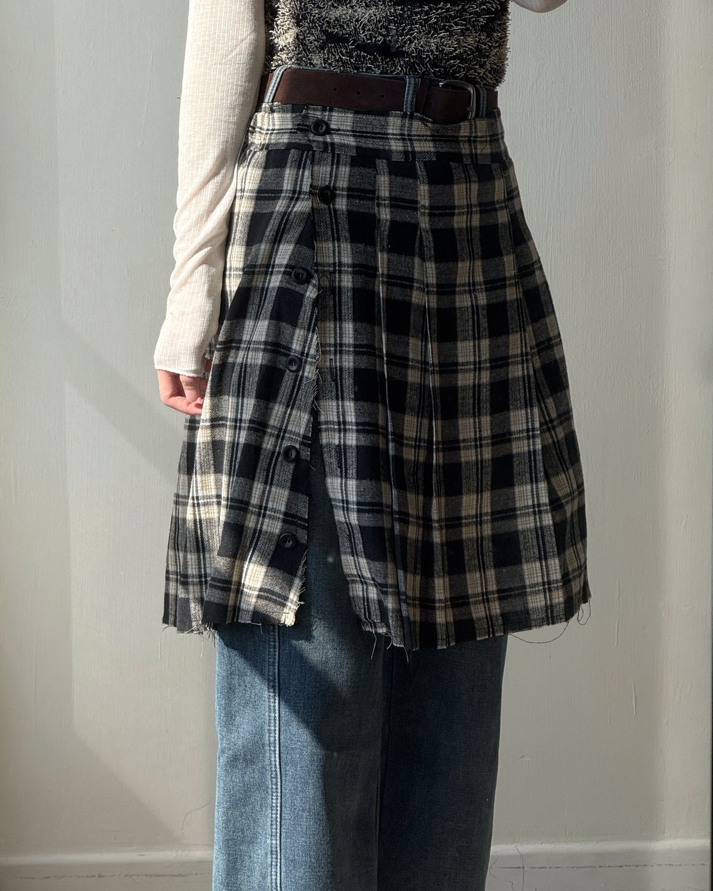 SK207 格子鈕扣2WAY裙子 - Brown | Black