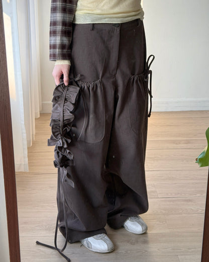 PT077 蝴蝶皺褶休閑褲(連腰帶) - Brown | Black