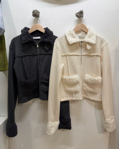 TP565 Fur Zip-up Top - Ivory | Charcoal