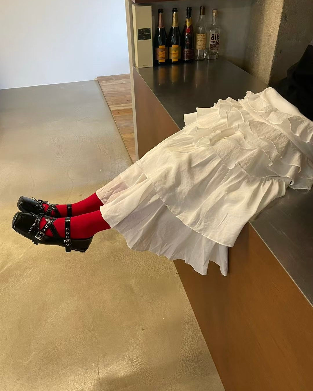 SK218 Ruffle Long Skirt - White | Black