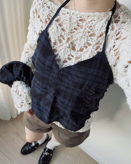 VT279 Check Scrunchie Blouse - Navy | Black