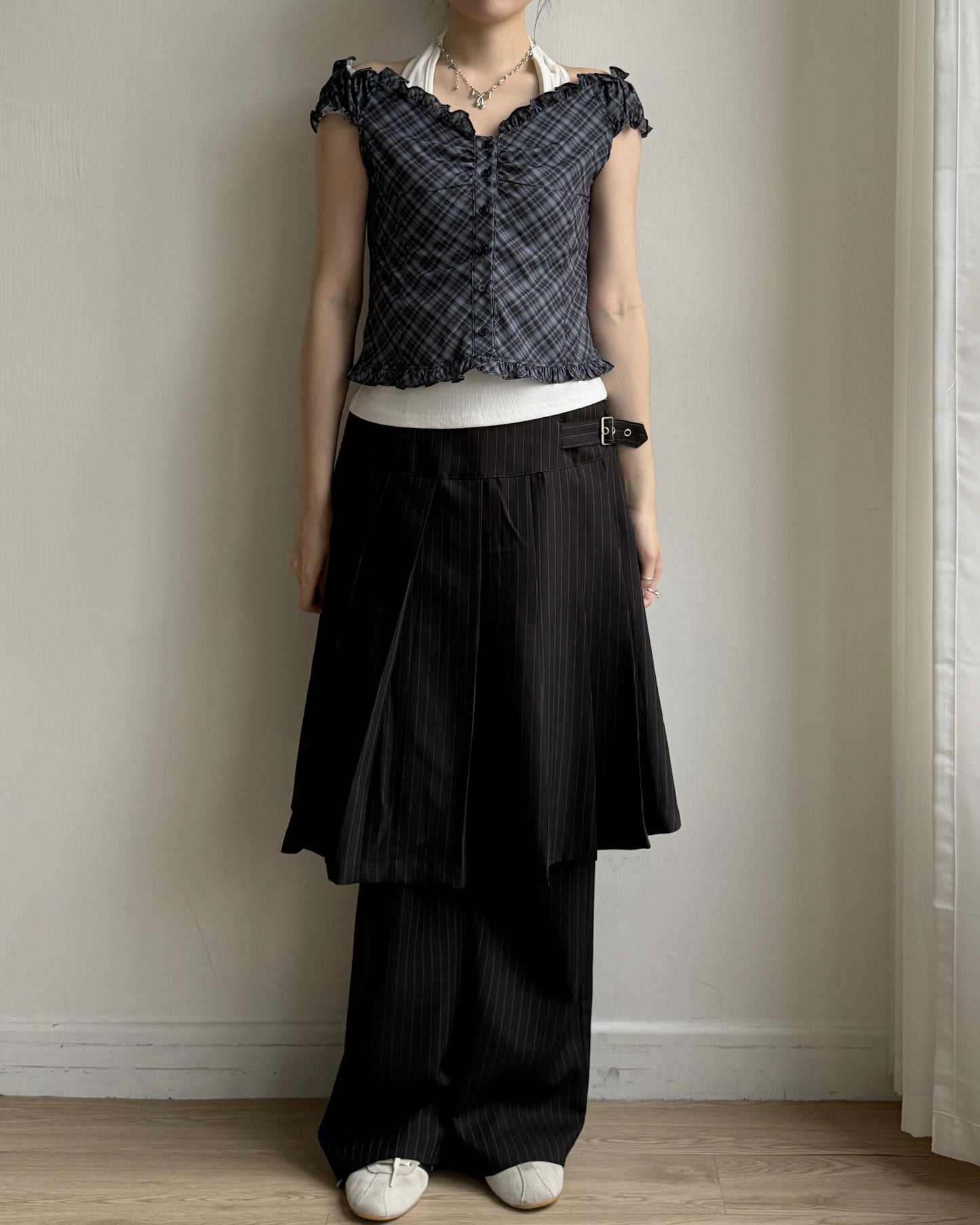 VT291 Checkered  Blouse - Skyblue | Charcoal